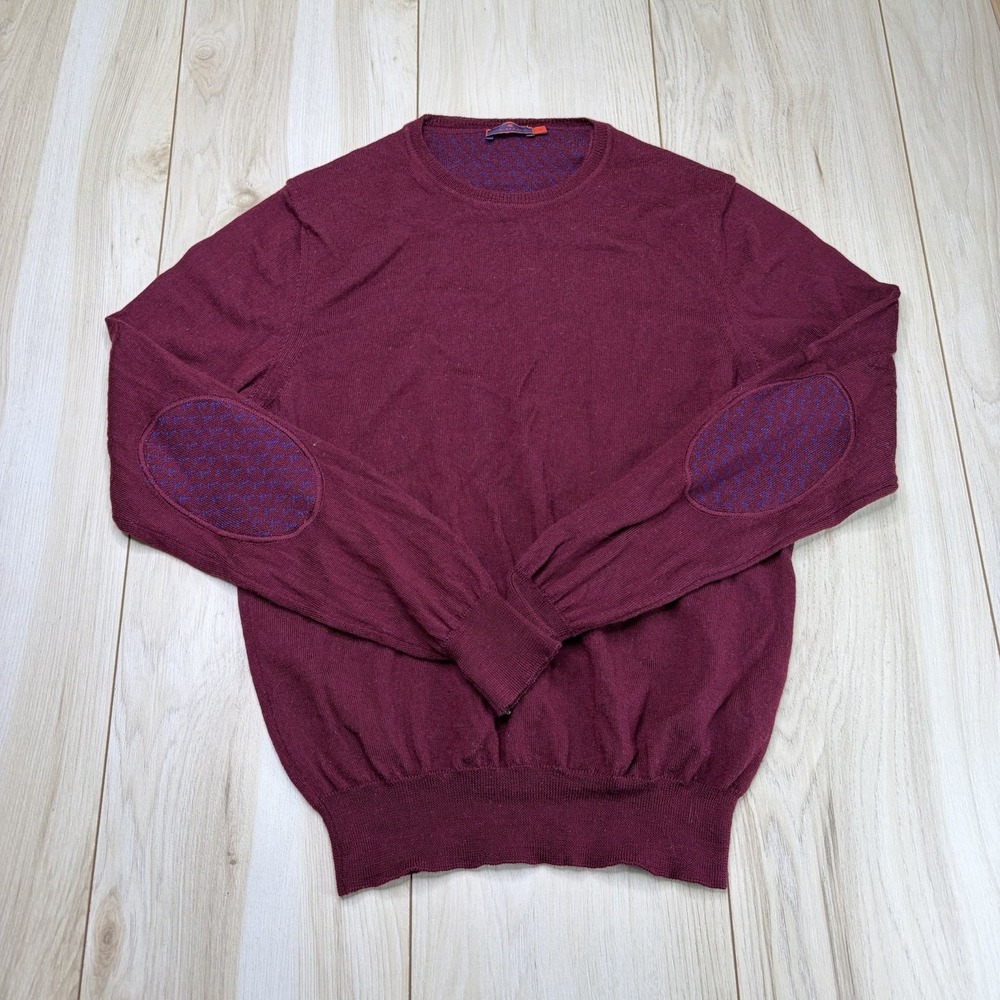 Gallo Mens 100% Fine Merino Wool Sweater Burgundy Elbow Patches Medium